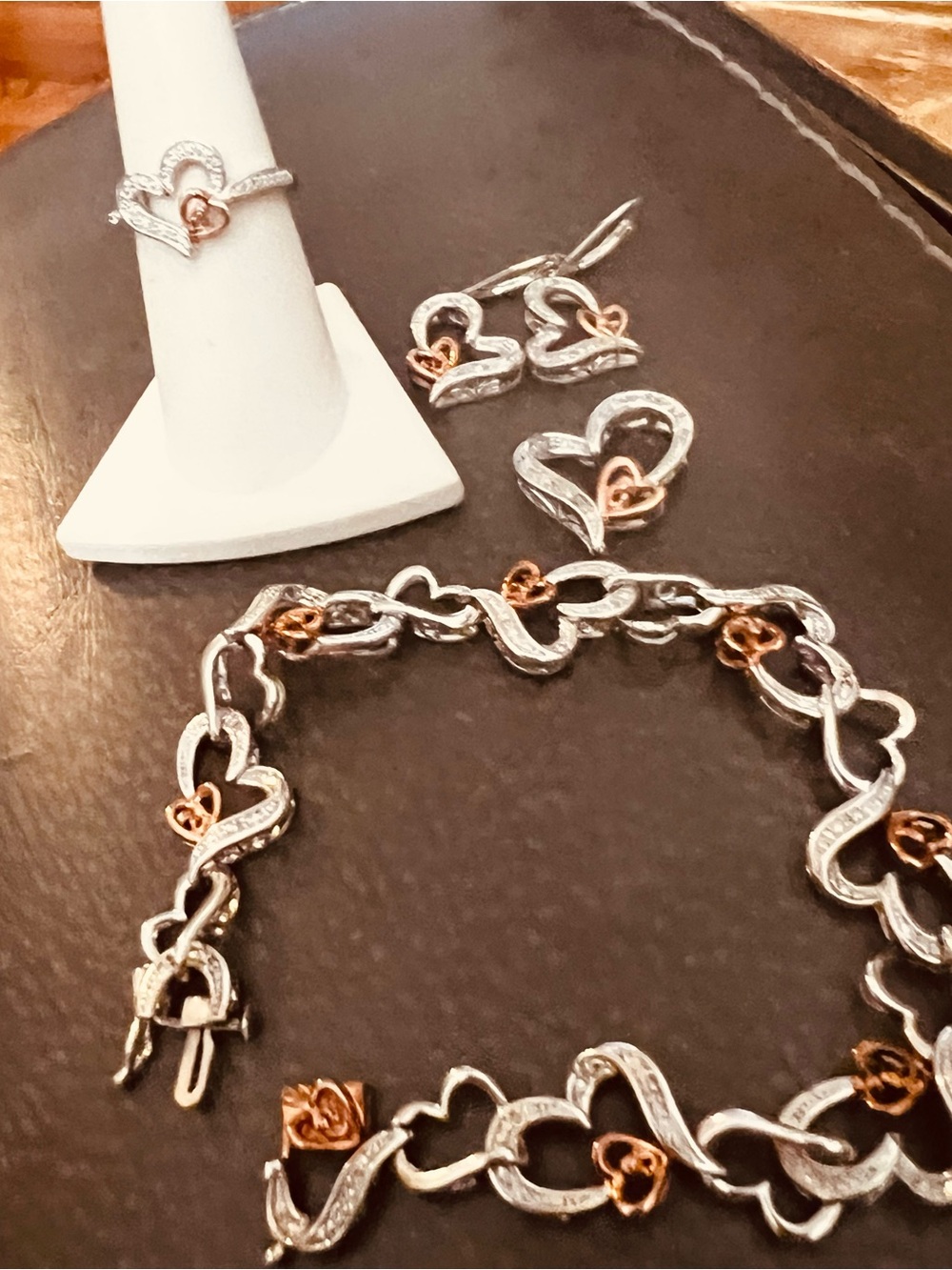 Rhodium & Rose Gold Heart Jewelry Set - Women's Bracelet, Earrings, Ring
